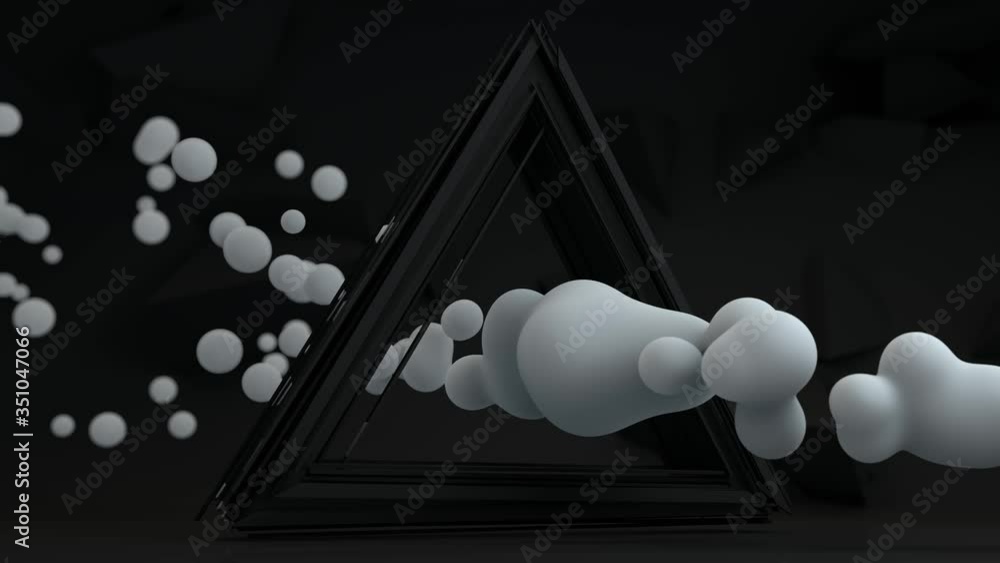 Poster 3d animation of an abstract geometric black background and a triangle scattered into segments, throu