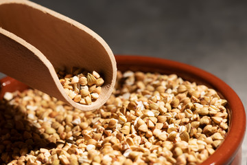 Raw green buckwheat in a brown clay bowl and in a wooden scoop on a gray background. Organic raw non-fried vegetarian groats food. A healthy and balanced diet, weight loss, top view