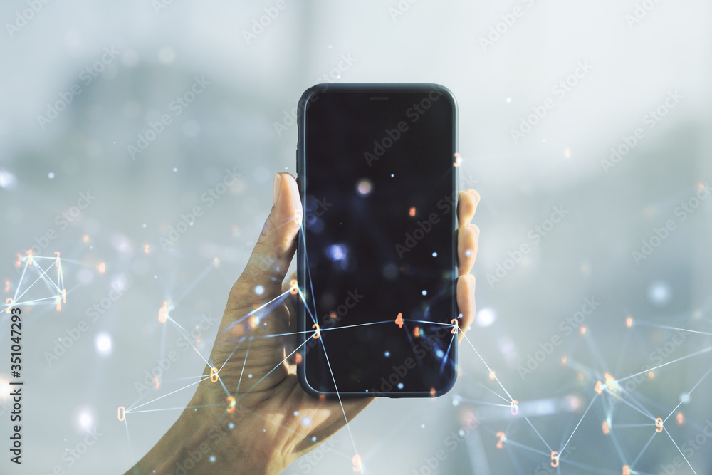 Poster creative abstract wireless technology hologram and hand with mobile phone on background, artificial 