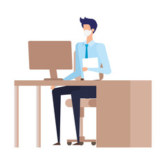 businessman using face mask in the workplace vector illustration design