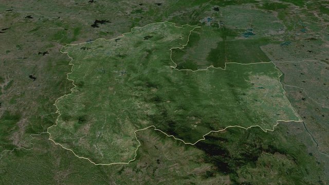 Matale, district with its capital, zoomed and extruded on the satellite map of Sri Lanka in the conformal Stereographic projection. Animation 3D
