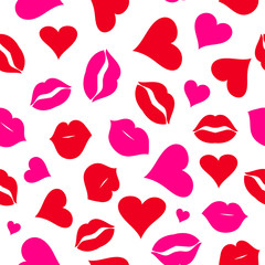 Vector seamless pattern with lips and heart. Vector illustration.	