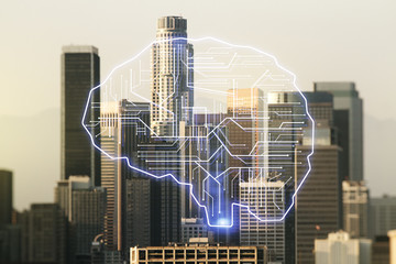 Virtual creative artificial Intelligence hologram with human brain sketch on Los Angeles cityscape background. Double exposure