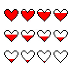 Red pixel hearts with a health scale for games. Icon set. Vector graphic illustration. Isolated object on a white background. Isolate.