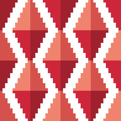 Obraz premium Red volumetric pixel rhombuses isolated on white background. Vertical view. Geometric seamless pattern. Vector graphic illustration. Texture.