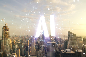 Abstract virtual artificial Intelligence symbol hologram on New York city skyline background. Multiexposure