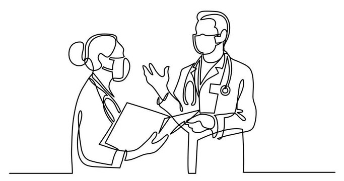 Animation of continuous line drawing of standing healthcare professionals in protective masks discussing meeting