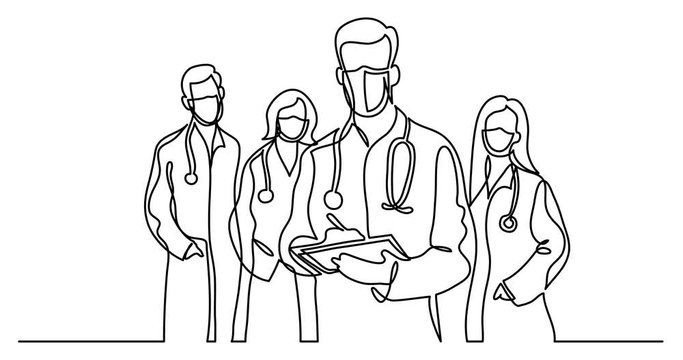 Animation of continuous line drawing of standing healthcare professionals team in protective masks
