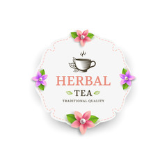 Herbal tea label with flowers and teacup. Vector illustration