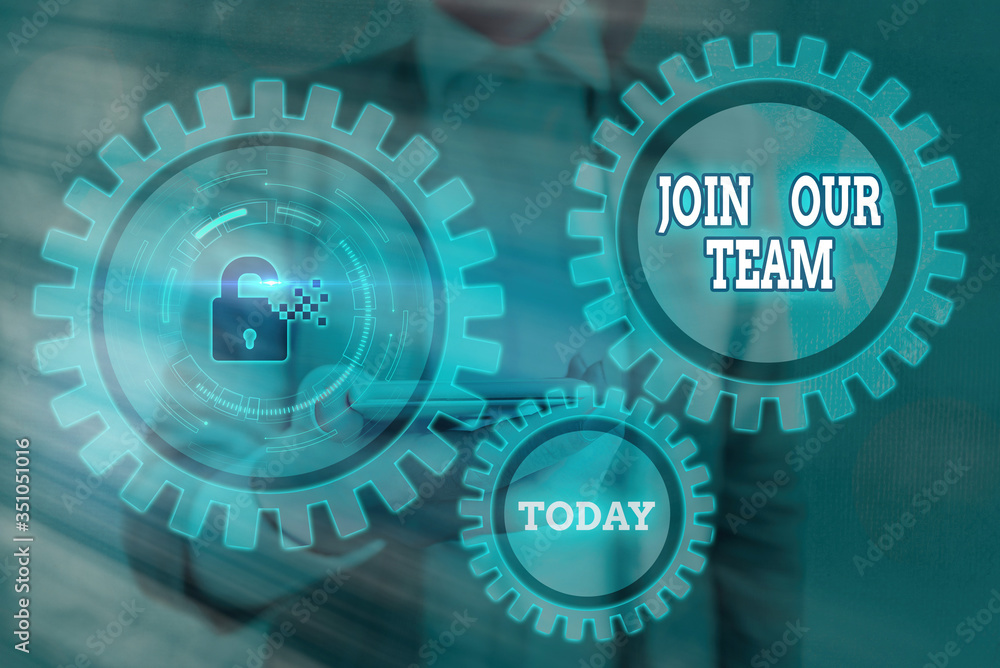 Poster text sign showing join our team. business photo showcasing inviting someone to join in your local gr