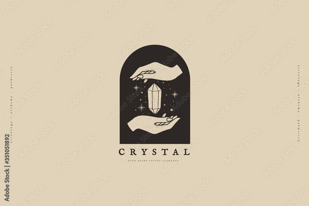 Aufkleber logo template with hands and crystal vector illustration. magic quartz stone sparkles and soars. mys