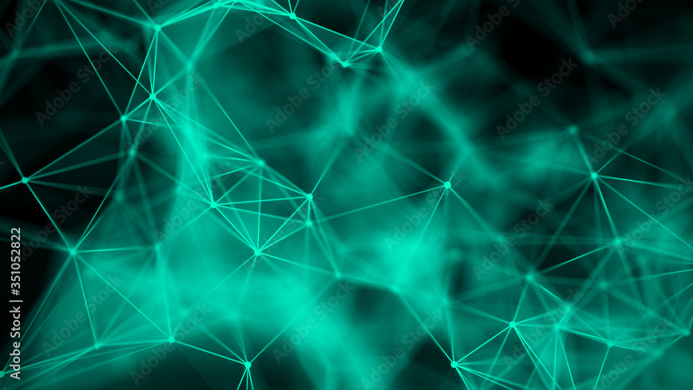 Poster Network connection structure.Low poly shape with connecting green dots and lines on dark background.3d rendering Big data visualization.