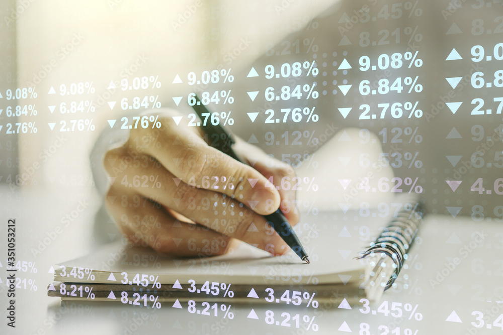 Poster multi exposure of creative statistics data hologram with man hand writing in notebook on background,