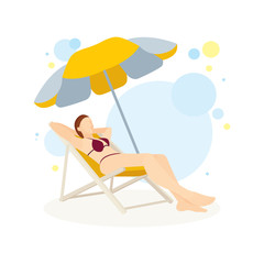 Young girl sunbathing in deck chair under umbrella. Lady sunbathing on beach vector illustration. Part of set.
sunbathing, girl, female, lady, woman, beach, deck, chair, umbrella, pose, swimsuit, biki