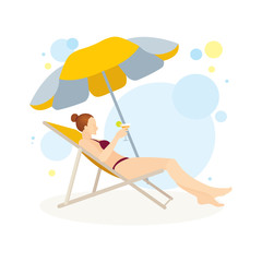 Obraz na płótnie Canvas Young girl sunbathing in deck chair under umbrella. Lady sunbathing on beach vector illustration. Part of set. sunbathing, girl, female, lady, woman, beach, deck, chair, umbrella, pose, swimsuit, biki