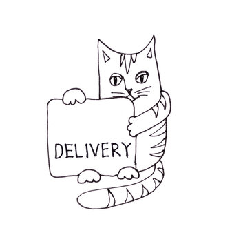 a graphic drawing of a striped cat in a medical mask sits with box. on the boxes it is written - delivery