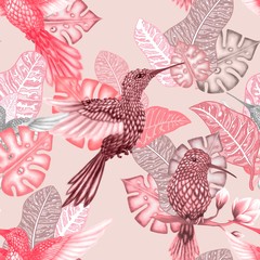 Seamless pattern in the chinoiserie style with hummingbird and leaves. Great for wedding, wallpaper and fabric.