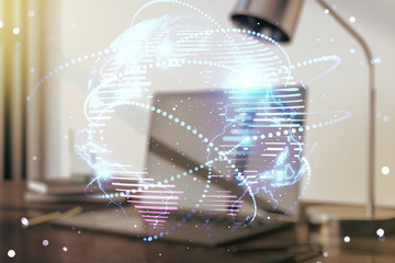 Abstract graphic digital world map with connections on modern computer background, globalization concept. Multiexposure