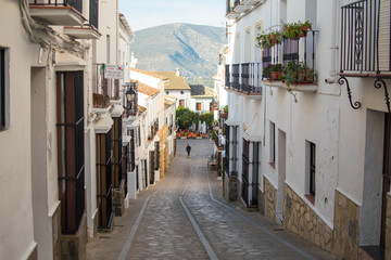 Fototapeta na wymiar Narrow and cozy street in a white village in Andalusia, Spain.