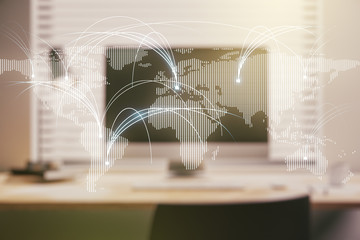 Double exposure of abstract digital world map with connections on laptop background, research and strategy concept