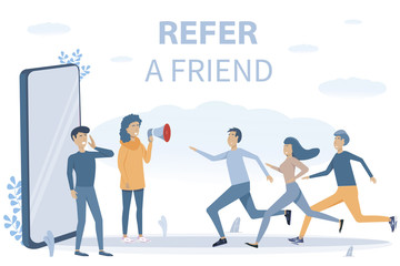 Man and Women get out of the smartphone with megaphones to refer a friend. Refer a friend concept. Business partnership strategy, affiliate marketing.  Referral program. Flat vector illustration