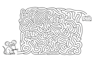 Maze game with mouse and a piece of cheese. Doodle style.