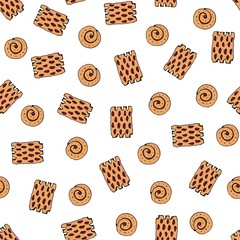 Bakery linear seamless pattern. Doodle digital paper. Food sweet elements background for wallpaper, bakery cafe menu, wrapping paper, greeting cards, invitation