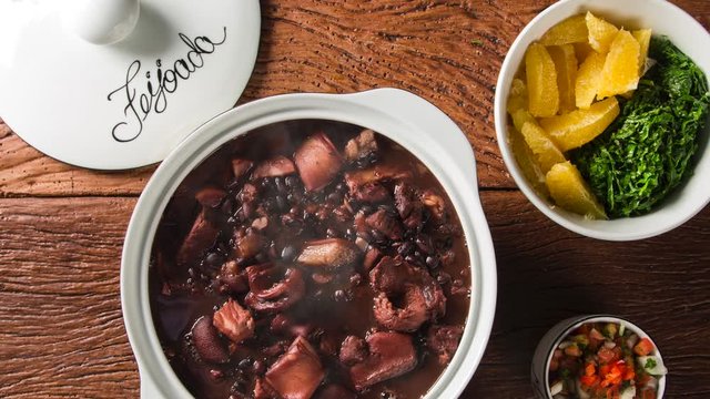 Brazilian Feijoada Food with smoke. Top view.