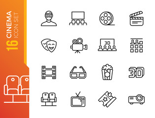 Set of Cinema and Entertainment Vector Line Icons with Movie Theater, Film Strip, Popcorn, Video Clip, 3d Glasses and more.