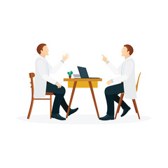 Obraz premium Doctor consultation. Medical doctors discussion. Male doctors in white clinic uniform. Part of set.