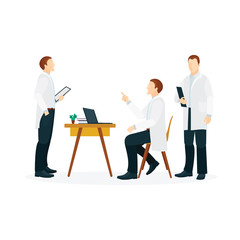 Doctor consultation. Medical doctors discussion. Male doctors in white clinic uniform. Part of set.
