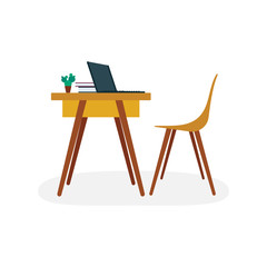 Chair and table with cactus, books and laptop. Furniture flat style vector illustration. Part of set.