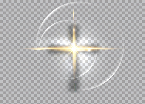 cross of light, shiny Cross with golden frame symbol of christianity. Symbol of hope and faith. Vector illustration isolated on transparent background