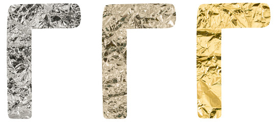 Isolated Font Russian Letter made of crumpled titanium, silver, gold foil on white background