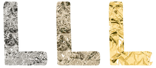 Isolated Font English or Latin Letter L made of crumpled titanium, silver, gold foil on white...