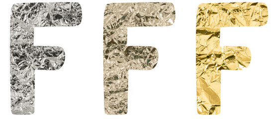 Isolated Font English or Latin Letter F made of crumpled titanium, silver, gold foil on white background