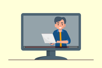 Education, training, online tutorial, e-learning concept. Webinar video on screen. Flat stock vector illustration.