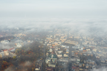 Aerial view of the city in the fog