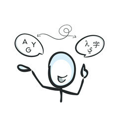 Languages translation. International communication. Glyph to letter. Hand drawn. Stickman cartoon. Doodle sketch, Vector graphic illustration