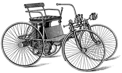 Fototapeta na wymiar The Stahlradwagen (steel-wheeled car) of the Daimler system, with a gasoline engine. Germany. Illustration of the 19th century. White background.