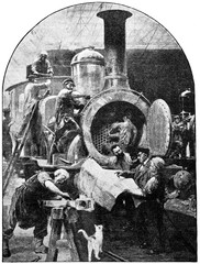 Final assembly of the locomotive by German painter Paul Meyerheim. Germany. Illustration of the 19th century. White background.