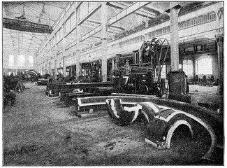 Modern machine shop. Illustration of the 19th century. White background.