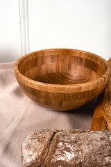 wooden deep plate. handwork . eco style. crispy bread