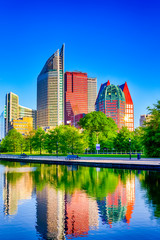 The Hague Skyscrapers Skyline at Blue Hour in The Netherlands.