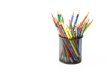 Arts and Craft Ideas. Variety of Colored Wooden Pencils Placed Together in Metal Round Holder. Isolated Over White.