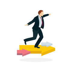 Business men balancing on arrow.  Male in corporate suit vector illustration. Part of set.