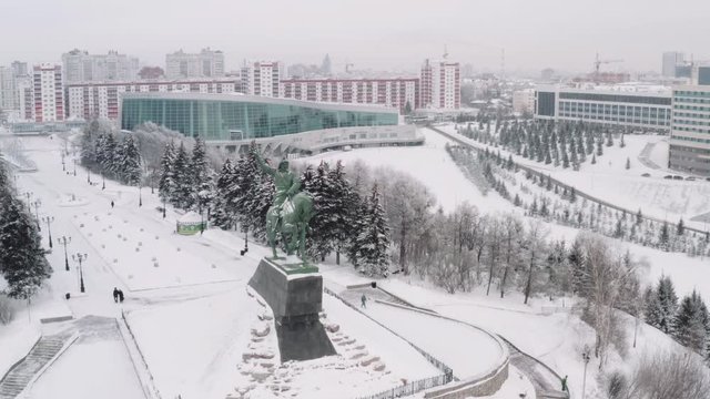Ufa, Bashkortostan / Russia - 
February 2020: Monument to Salavat Yulaev in Ufa at winter, cloudy day - Aerial drone view