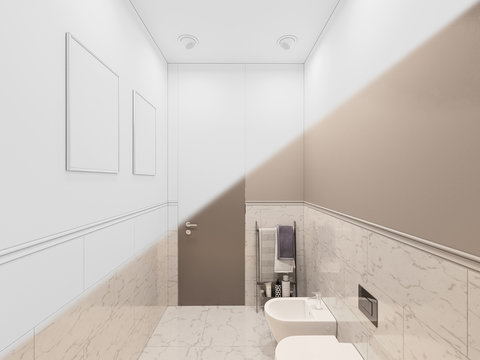 3D render, interior of the toilet in a private cottage. Toilet interior design illustration in traditional modern style