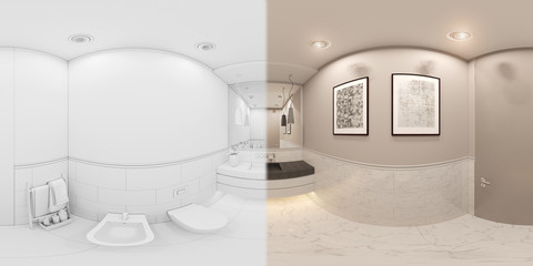 3D render spherical 360 degrees, seamless panorama interior of the toilet in a private cottage. T