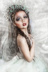 close up portrait of beautiful girl. professional white winter makeup. snow queen with beautiful crown. snow castle